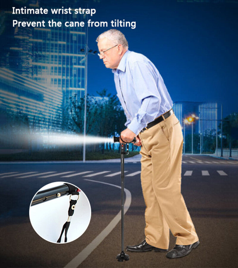Adjustable Walking Stick Cane With LED Flashlight SOS Alarm Button For Senior Travel Hiking Trekking Pole Folding Crutch Handle Strap 5 Gears