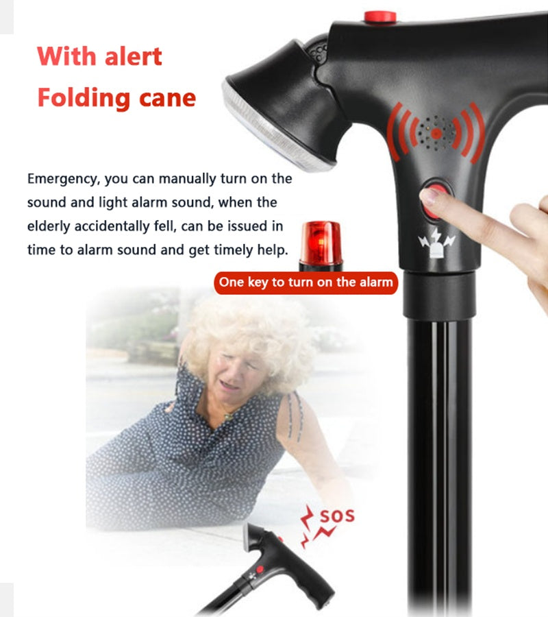 Adjustable Walking Stick Cane With LED Flashlight SOS Alarm Button For Senior Travel Hiking Trekking Pole Folding Crutch Handle Strap 5 Gears