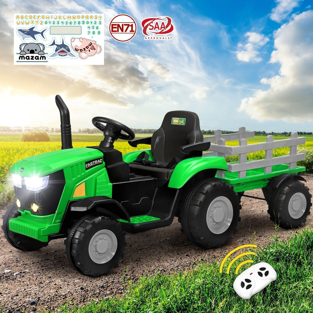 XL Kids Ride On Tractor 12V with Trailer and Remote Green