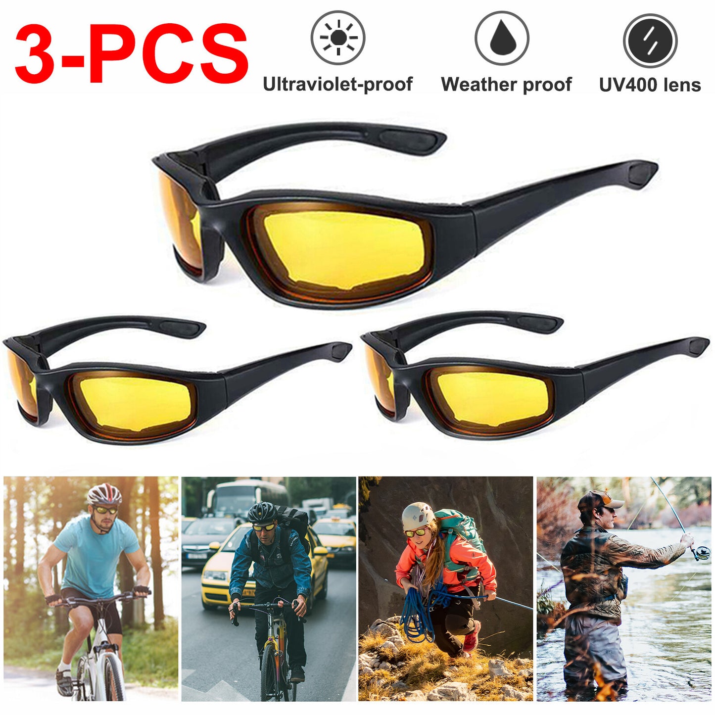 Chopper Cycling Sports Sunglasses For Men Wrap Around UV400 Protection For Cycling Fishing Driving Glasses Wind Resistant Yellow Lens 3 Pack