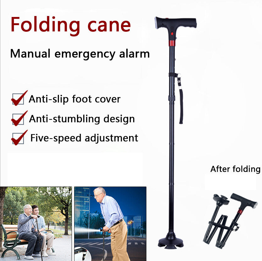 Adjustable Walking Stick Cane With LED Flashlight SOS Alarm Button For Senior Travel Hiking Trekking Pole Folding Crutch Handle Strap 5 Gears