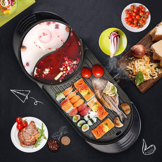 Electric 2 In 1 Hot Pot Hotpot BBQ Grill Oven Smokeless Barbecue Pan Machine