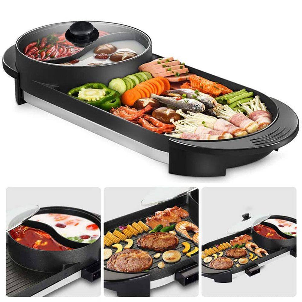 Electric 2 In 1 Hot Pot Hotpot BBQ Grill Oven Smokeless Barbecue Pan Machine
