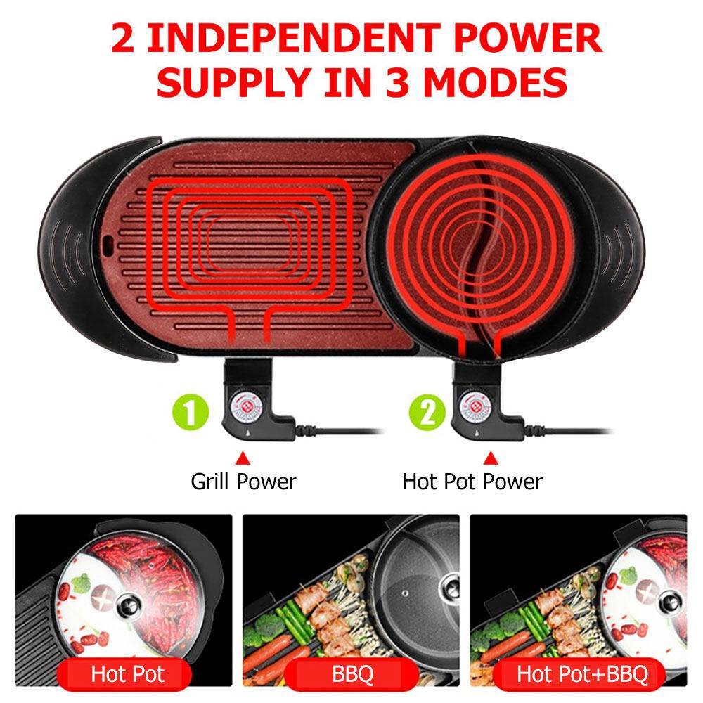 Electric 2 In 1 Hot Pot Hotpot BBQ Grill Oven Smokeless Barbecue Pan Machine