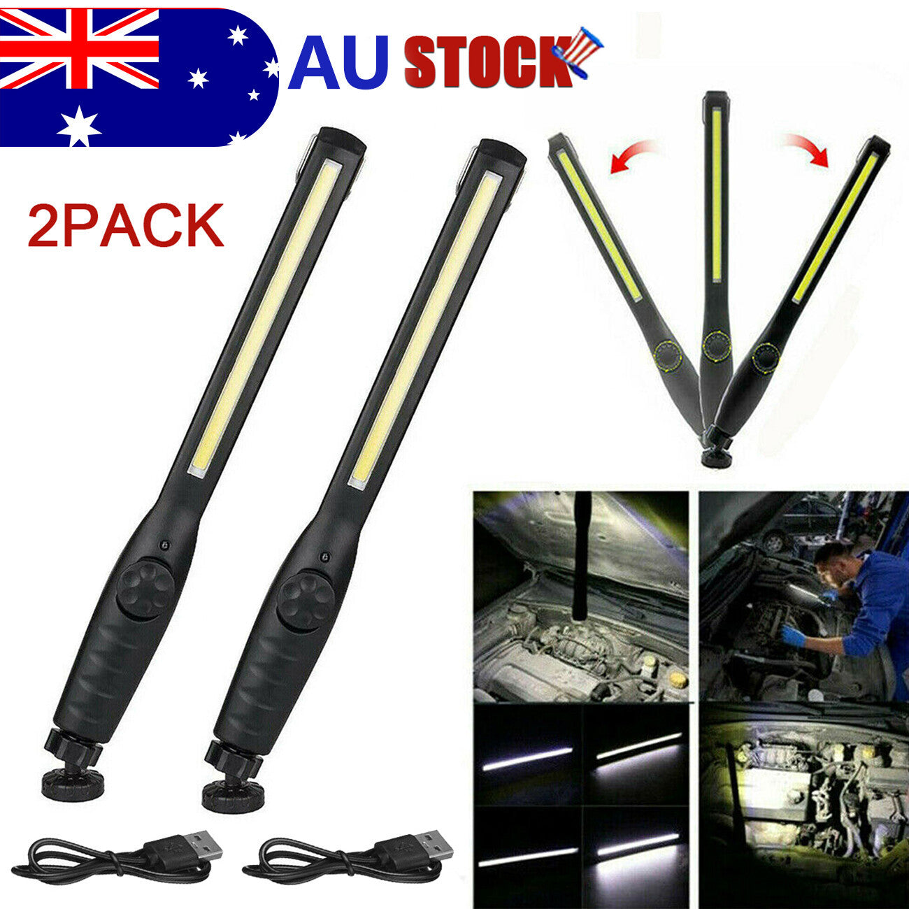 LED USB Rechargeable Work Light Magnetic Flashlight Flexible Cordless Torch Automotive Inspection Emergency Light 2 PACK