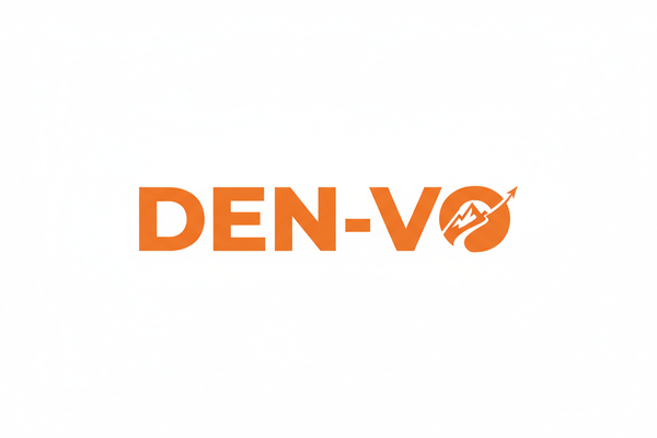 Create a modern and eye-catching logo for the brand name DEN-VO. Use bold, clean typography with smooth geometric lines. The color palette should feature a strong, energetic orange for the text on a crisp white background. The style should feel adventurous and confident, suitable for an outdoor, travel, and lifestyle brand that also covers BBQ and off-road gear. Add a subtle icon or accent (optional) suggesting freedom, movement, or adventure — such as a minimal mountain peak, sun flare, or trail mark — int