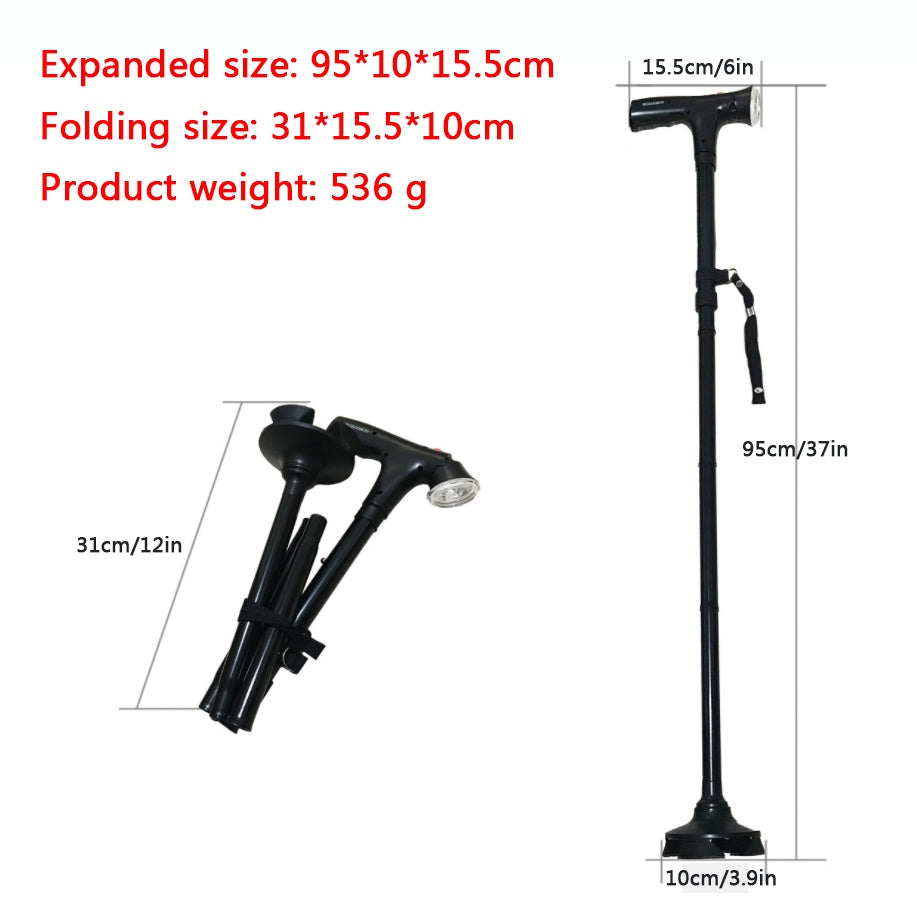 Adjustable Walking Stick Cane With LED Flashlight SOS Alarm Button For Senior Travel Hiking Trekking Pole Folding Crutch Handle Strap 5 Gears