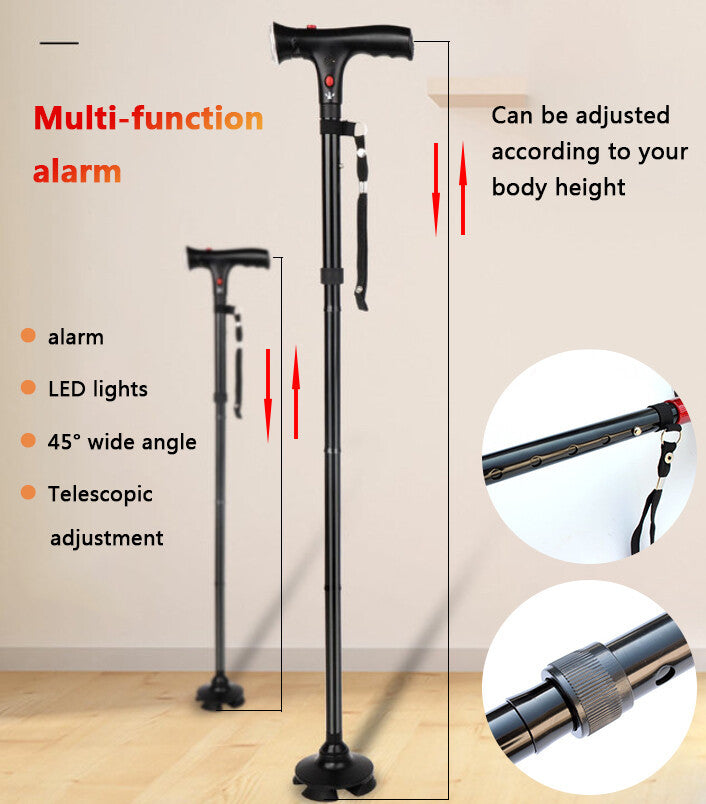 Adjustable Walking Stick Cane With LED Flashlight SOS Alarm Button For Senior Travel Hiking Trekking Pole Folding Crutch Handle Strap 5 Gears