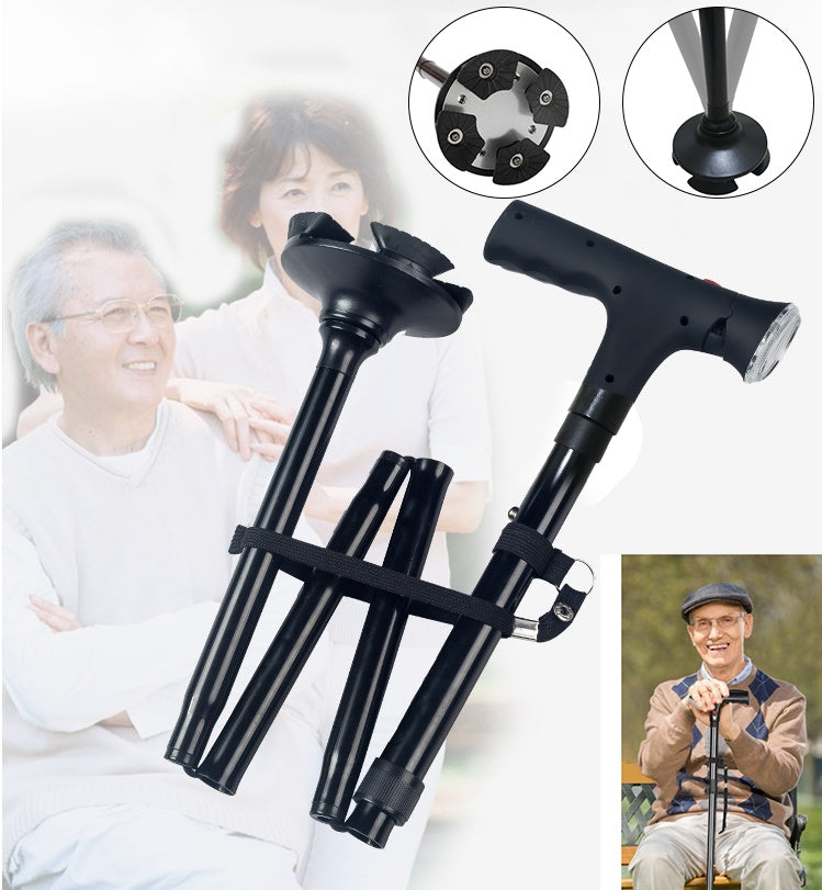 Adjustable Walking Stick Cane With LED Flashlight SOS Alarm Button For Senior Travel Hiking Trekking Pole Folding Crutch Handle Strap 5 Gears